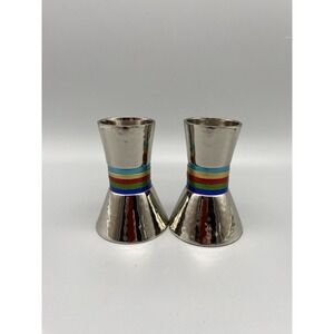 Candlesticks Hammered Metal Designed with Colored Rings | Judaica | Multicolo...